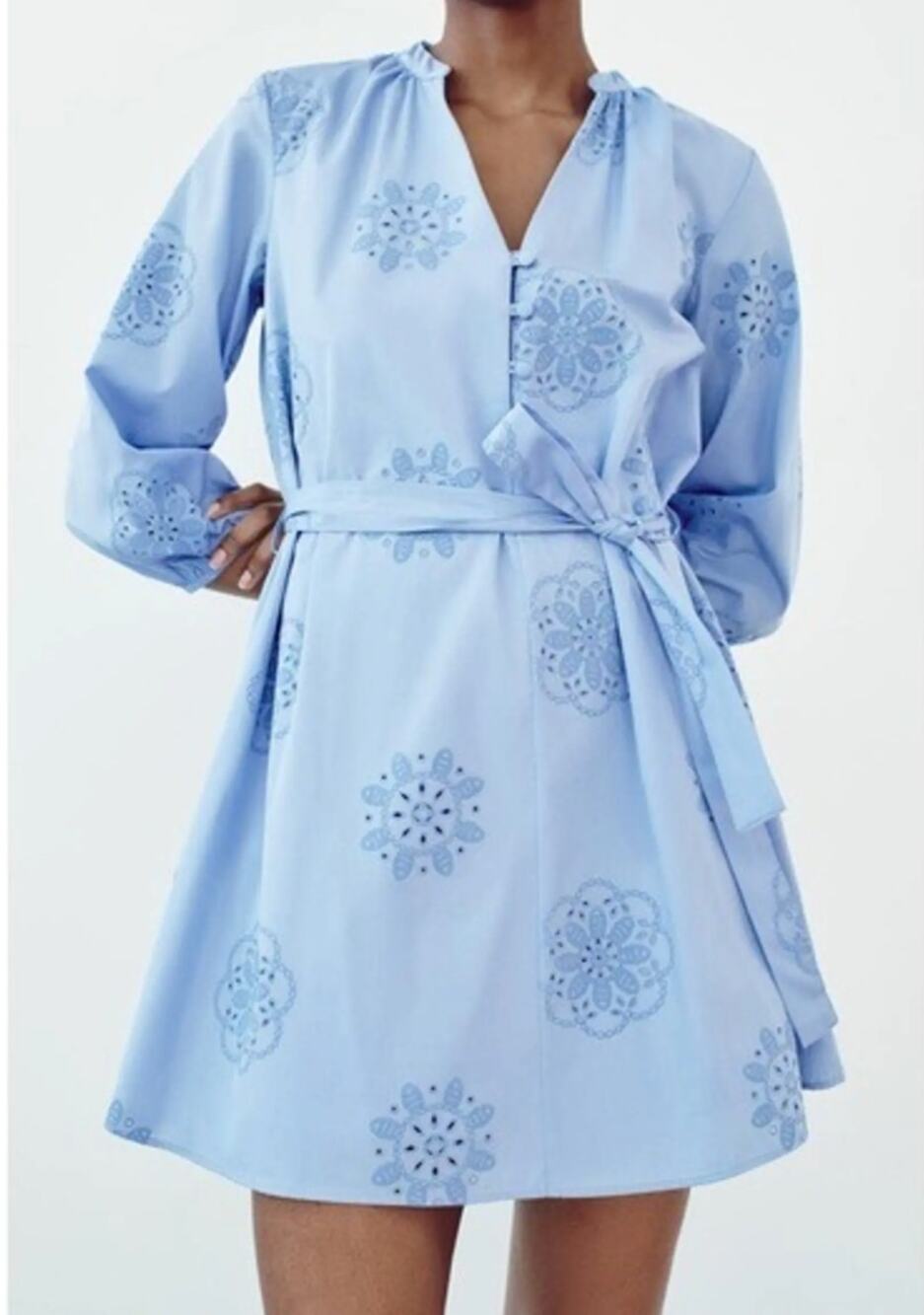 ZARA Long Sleeve Belted Poplin Embroidered Mini Dress Light Blue XXL